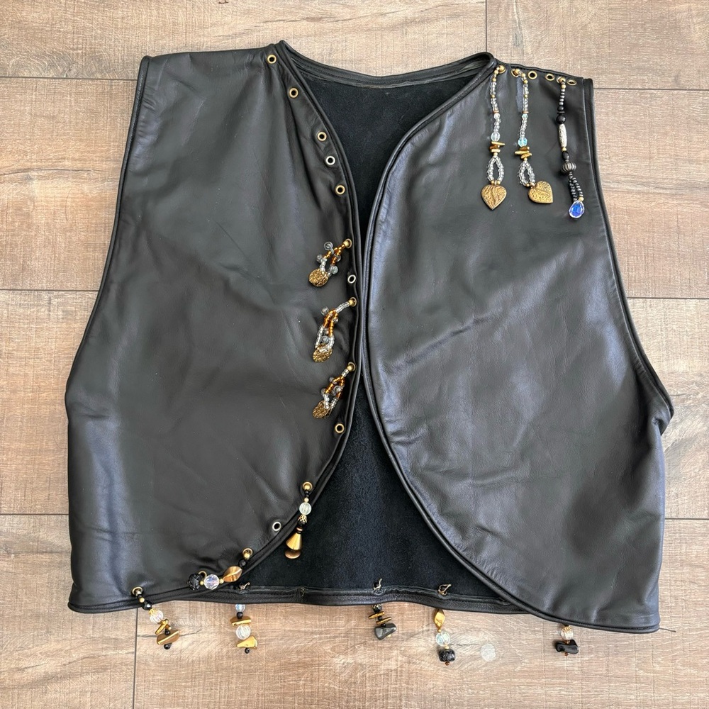 Hand Crafted Leather Vest Women's Open Front Cropped Black with Beads
